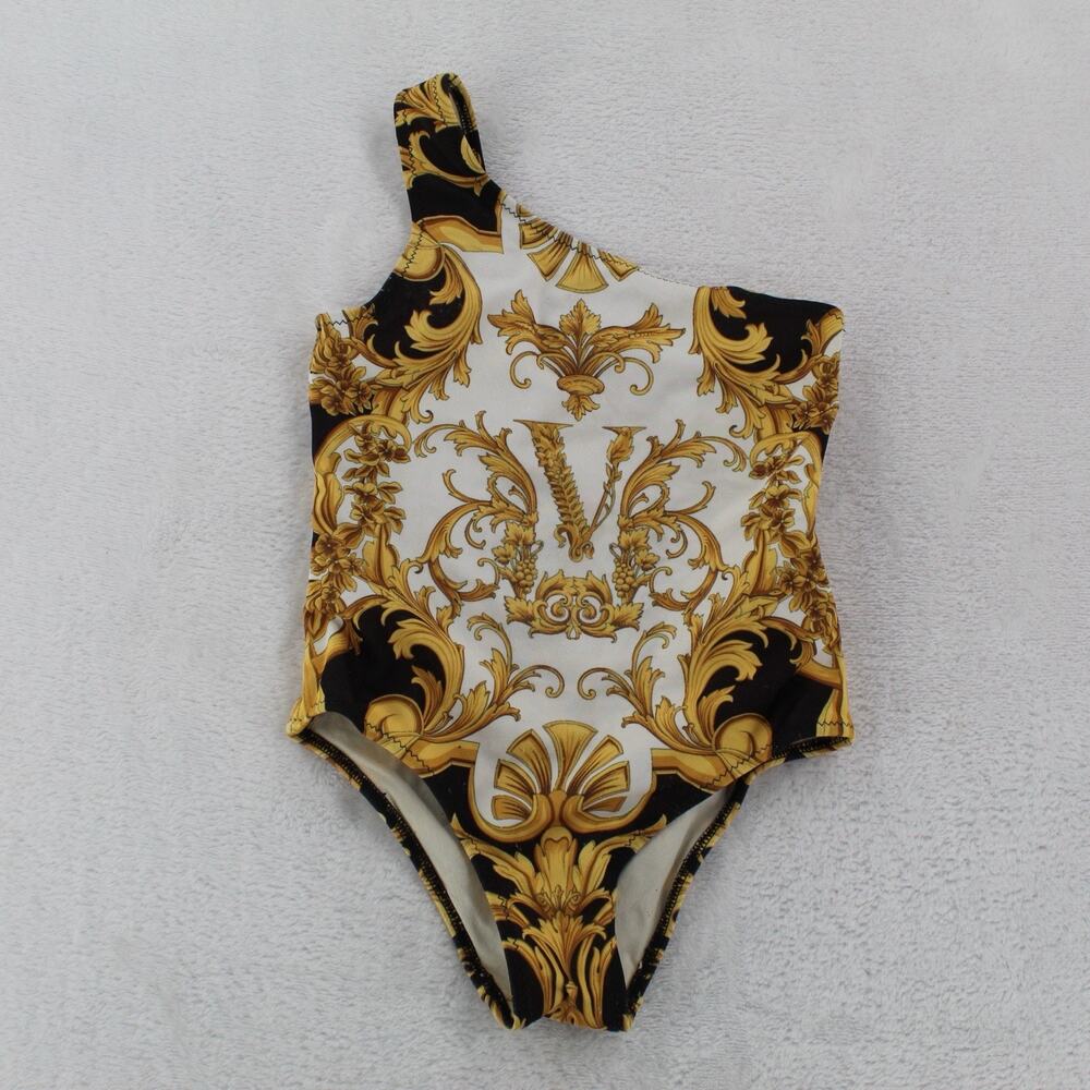 Versace Kids Barocco One Shoulder Swimsuit 4A 104cm Gold Black White